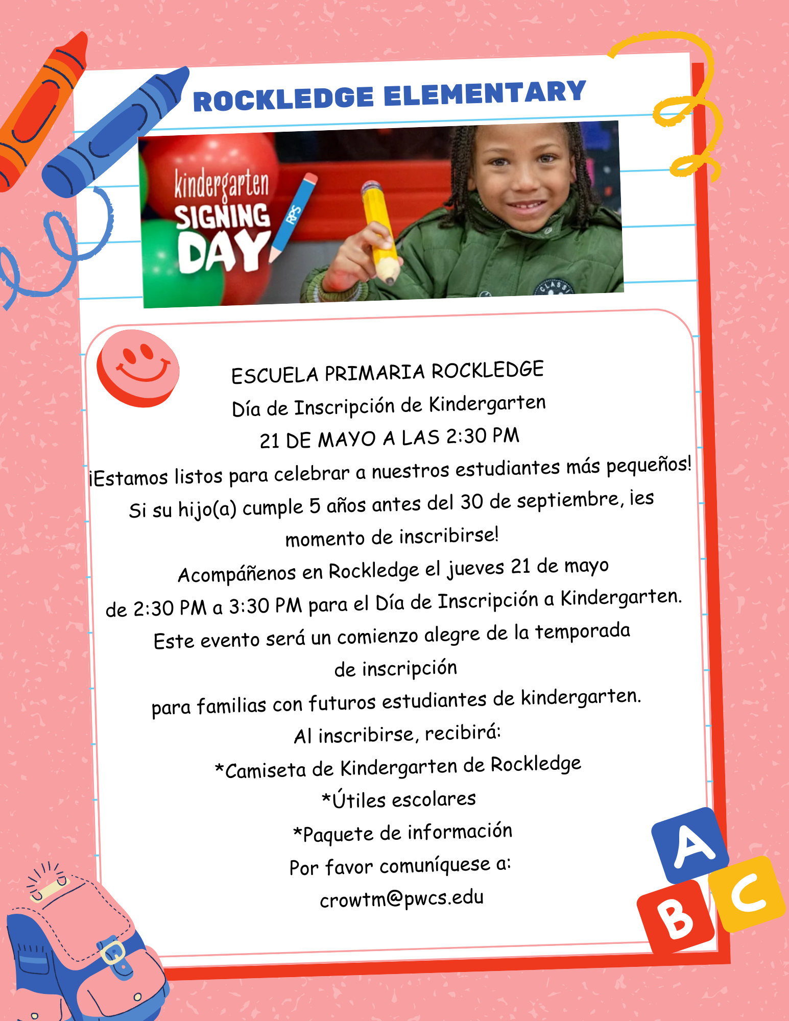 Folleto de Inscripción de Kindergarten 2026 de Rockledge ES